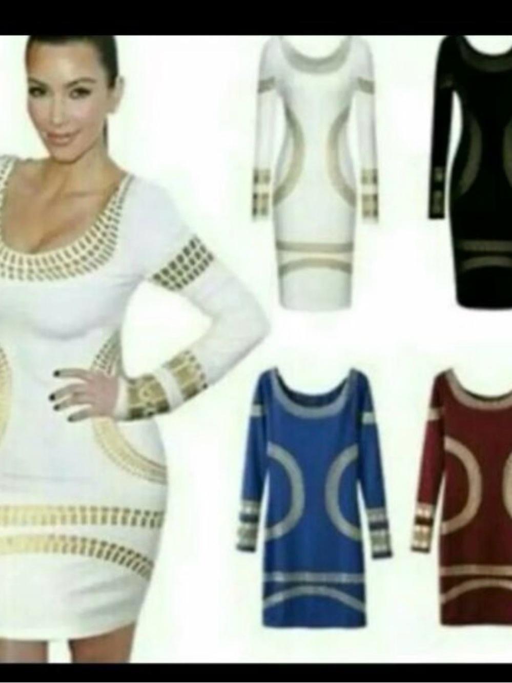 Black Long Sleeve Bodycon Dress with Gold Geometric Accents - Picture 3 of 5